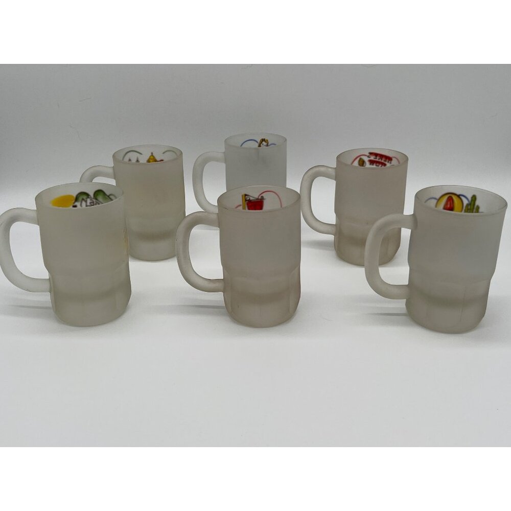 Set Of 6 Vintage Frosted Glass Mugs - International Greetings Design - Picture 8 of 10